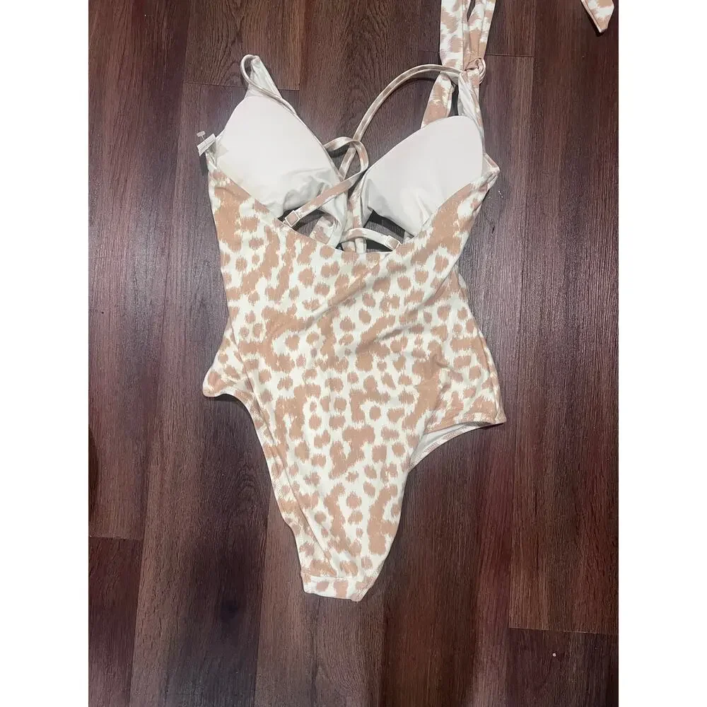 Aerie Leopard Wrap One Piece Swimsuit Full Coverage Animal Print NWT L Long